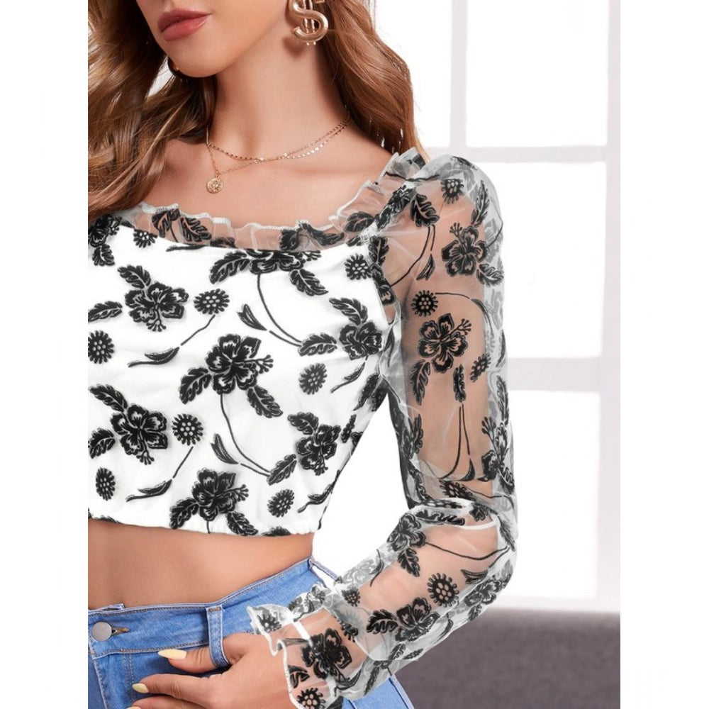 Solid Full Sleeves Square Collar Top (White)