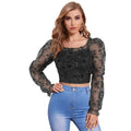 Solid Full Sleeves Square Collar Top (Black)
