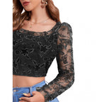 Solid Full Sleeves Square Collar Top (Black)