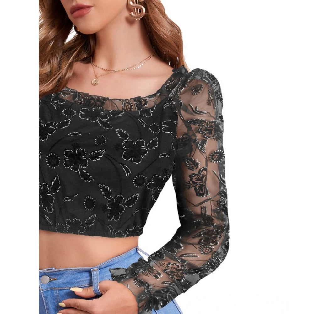Solid Full Sleeves Square Collar Top (Black)