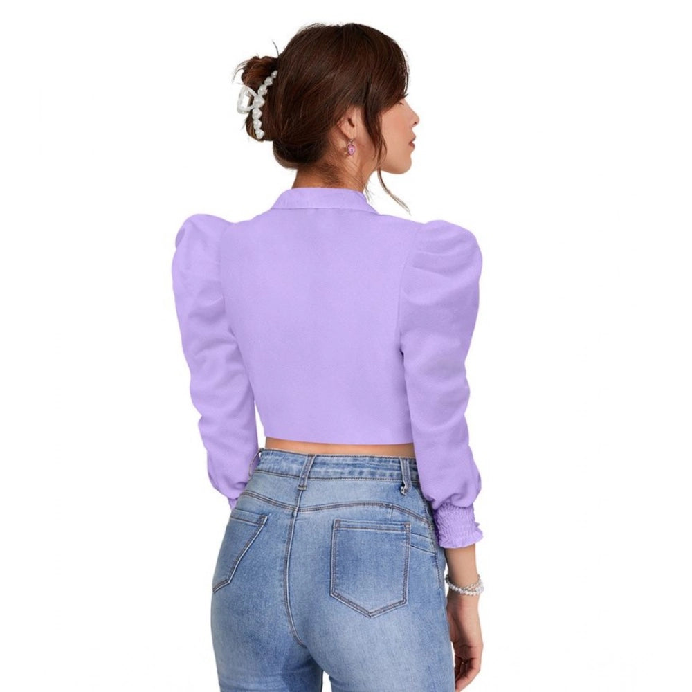 Solid Puff Sleeves Lapel Collar Top (Purple)