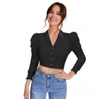 Solid Puff Sleeves Lapel Collar Top (Black)