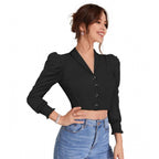 Solid Puff Sleeves Lapel Collar Top (Black)