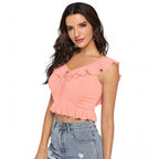 Solid Sleeveless Ruffle Neck Top (Peach)
