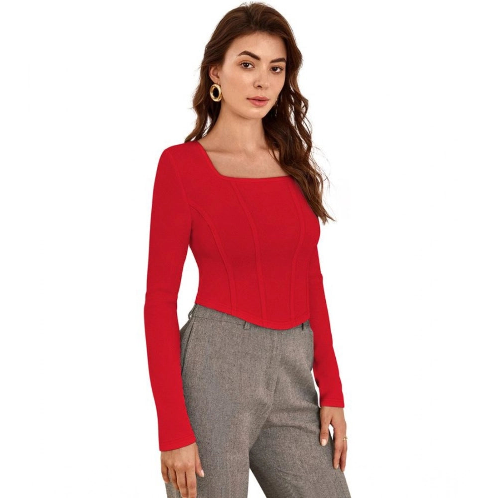 Solid Full Sleeves Square Neck Top (Red)