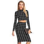 Checkered Full Sleeves Stand Collar Crop Top Skirt Set (Black)