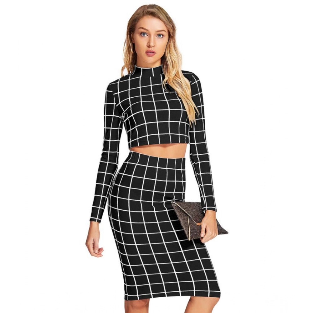 Checkered Full Sleeves Stand Collar Crop Top Skirt Set (Black)