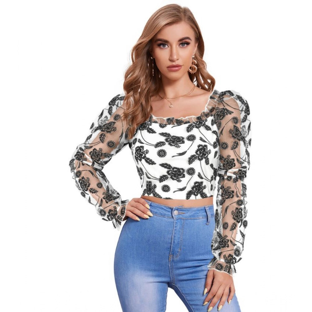 Solid Full Sleeves Square Collar Top (White)