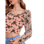 Solid Full Sleeves Square Collar Top (Peach)