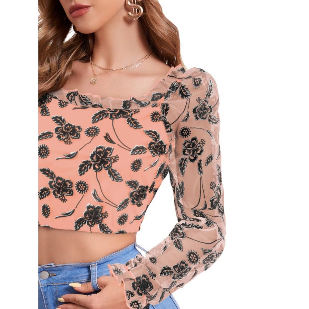 Solid Full Sleeves Square Collar Top (Peach)