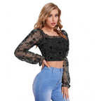 Solid Full Sleeves Square Collar Top (Black)