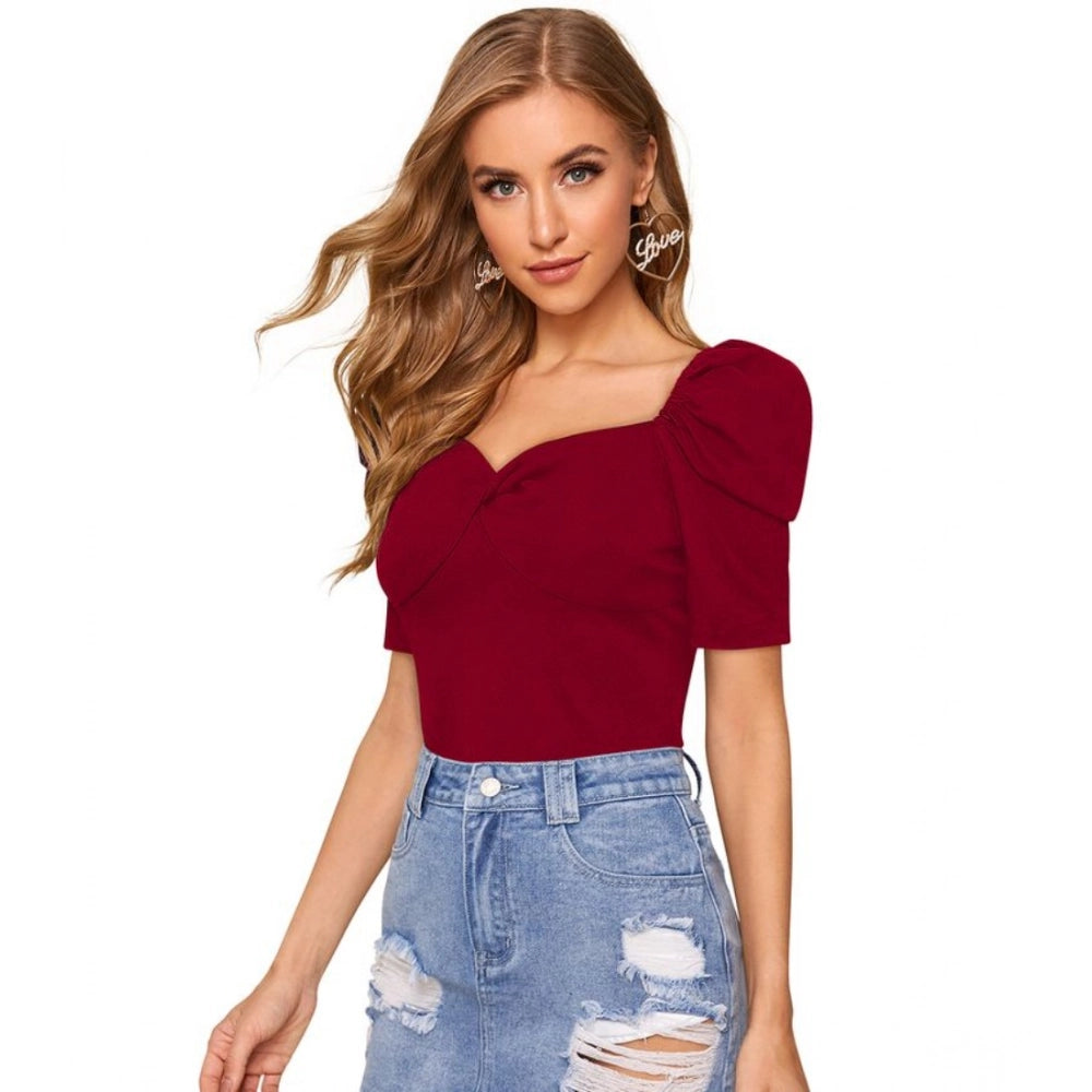 Solid Puff Short Sleeves Sweetheart Neck Top (Maroon)