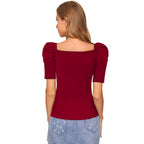 Solid Puff Short Sleeves Sweetheart Neck Top (Maroon)