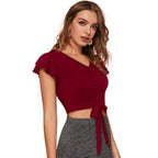 Solid Short Sleeves V Neck Top (Maroon)