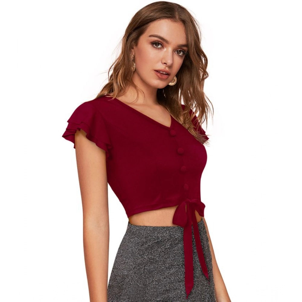 Solid Short Sleeves V Neck Top (Maroon)