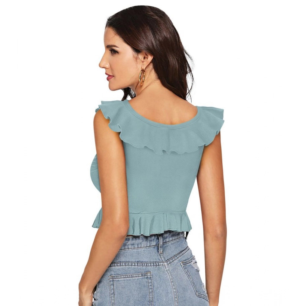 Solid Sleeveless Ruffle Neck Top (Pista)