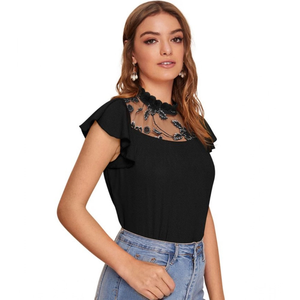 Solid Cap Sleeve Sweetheart Neck Top (Black)