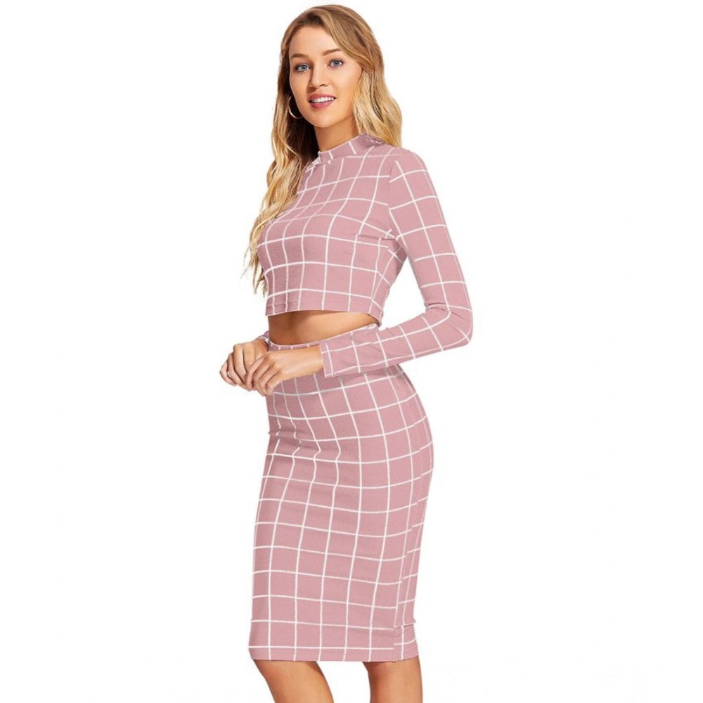 Checkered Full Sleeves Stand Collar Crop Top Skirt Set (Pink)