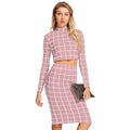 Checkered Full Sleeves Stand Collar Crop Top Skirt Set (Pink)