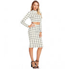 Checkered Full Sleeves Stand Collar Crop Top Skirt Set (White)