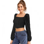 Solid Long Sleeves Square Neck Top (Black)