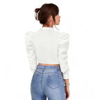 Solid Puff Sleeves Lapel Collar Top (White)