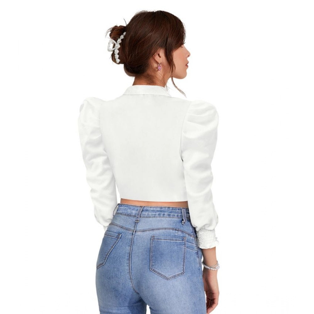 Solid Puff Sleeves Lapel Collar Top (White)