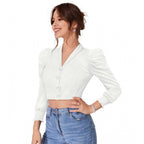 Solid Puff Sleeves Lapel Collar Top (White)