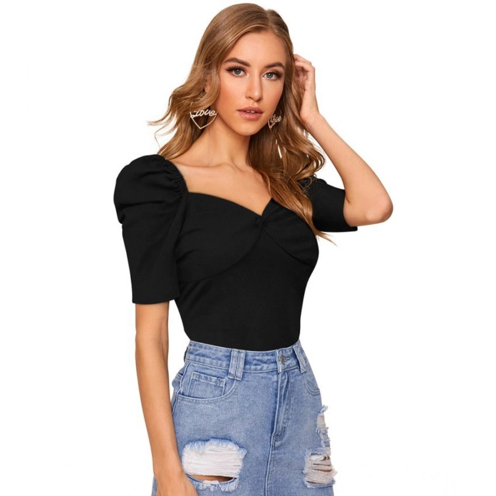 Solid Puff Short Sleeves Sweetheart Neck Top (Black)