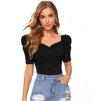 Solid Puff Short Sleeves Sweetheart Neck Top (Black)