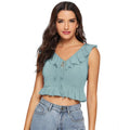 Solid Sleeveless Ruffle Neck Top (Pista)