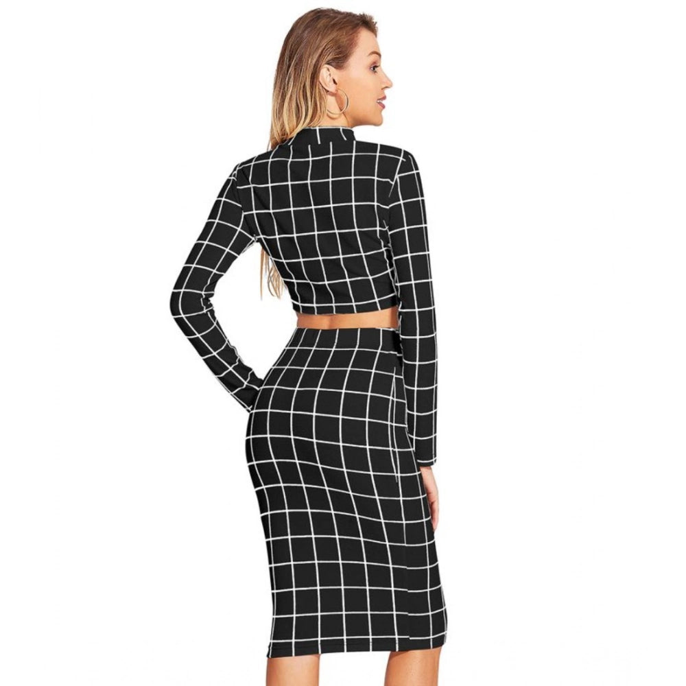 Checkered Full Sleeves Stand Collar Crop Top Skirt Set (Black)
