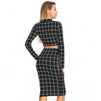 Checkered Full Sleeves Stand Collar Crop Top Skirt Set (Black)