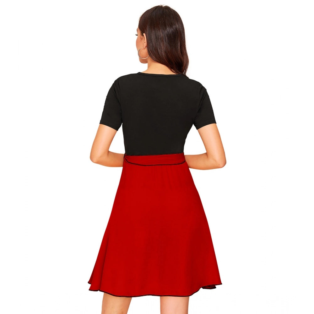 Women's Knitting stretchable Solid Round Neck Cap Sleeve Dress (Red)