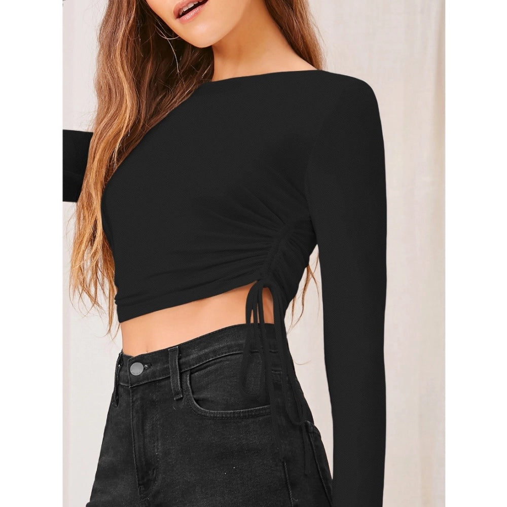 Polyester Solid Round Neck Full Sleeve Top (Black)