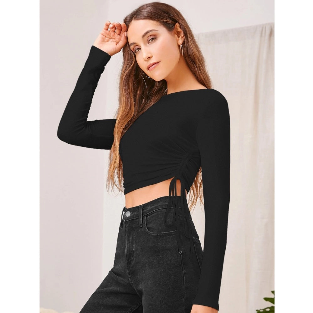 Polyester Solid Round Neck Full Sleeve Top (Black)