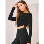 Polyester Solid Round Neck Full Sleeve Top (Black)