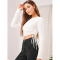 Polyester Solid Round Neck Full Sleeve Top (White)