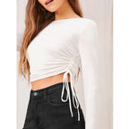 Polyester Solid Round Neck Full Sleeve Top (White)