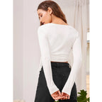 Polyester Solid Round Neck Full Sleeve Top (White)