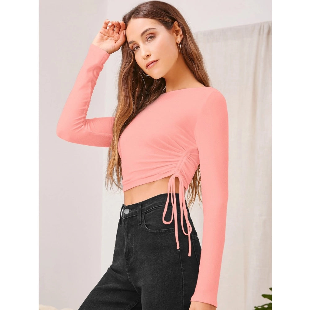 Polyester Solid Round Neck Full Sleeve Top (Peach)