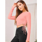 Polyester Solid Round Neck Full Sleeve Top (Peach)