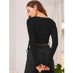 Polyester Solid Round Neck Full Sleeve Top (Black)