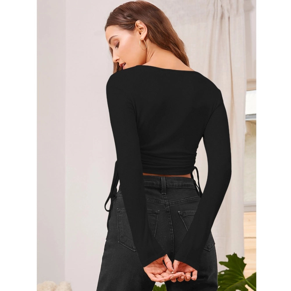 Polyester Solid Round Neck Full Sleeve Top (Black)