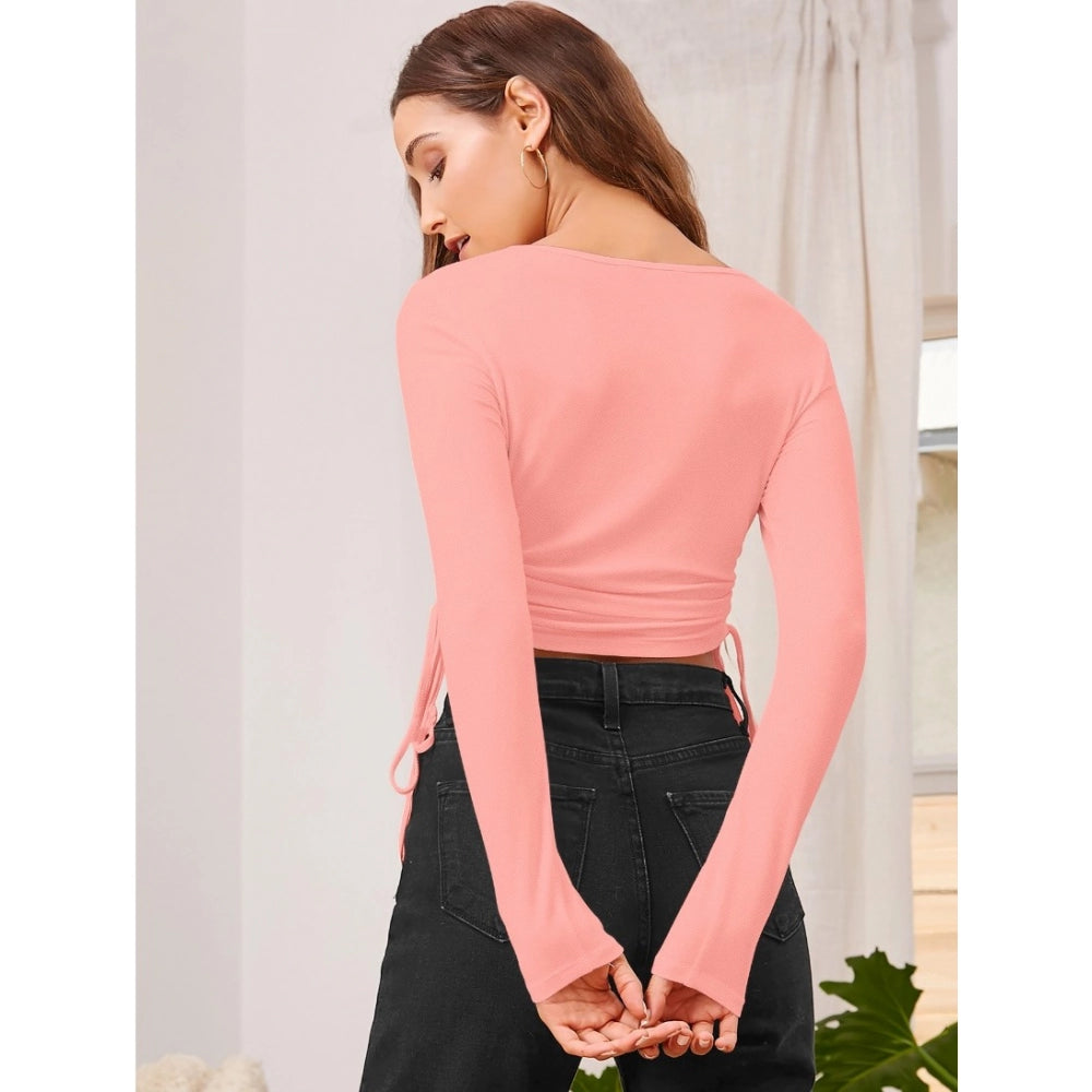Polyester Solid Round Neck Full Sleeve Top (Peach)