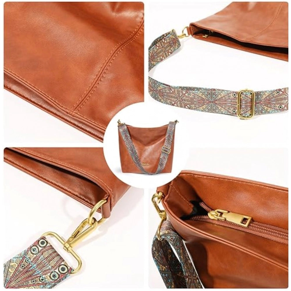 PU Leather Medium Sling bag Zipper Handbag (Brown)