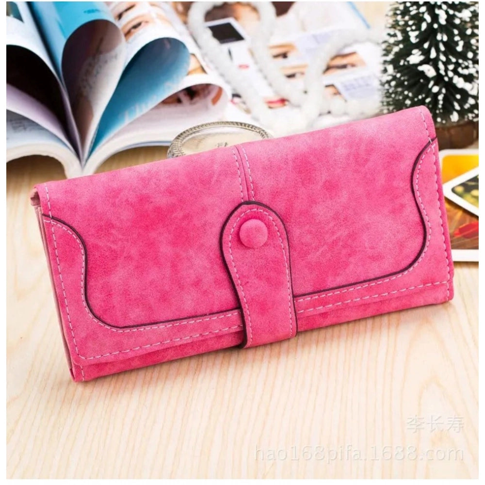 Faux Leather Medium Snap Button Wallet (Pink)