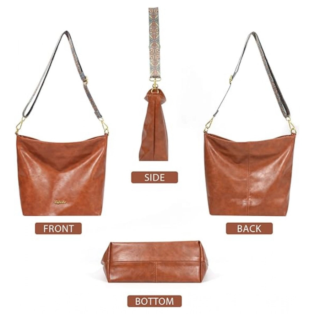 PU Leather Medium Sling bag Zipper Handbag (Brown)