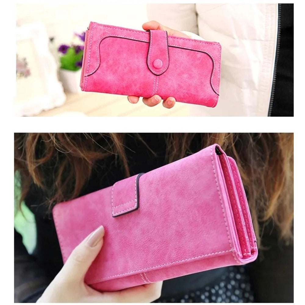 Faux Leather Medium Snap Button Wallet (Pink)