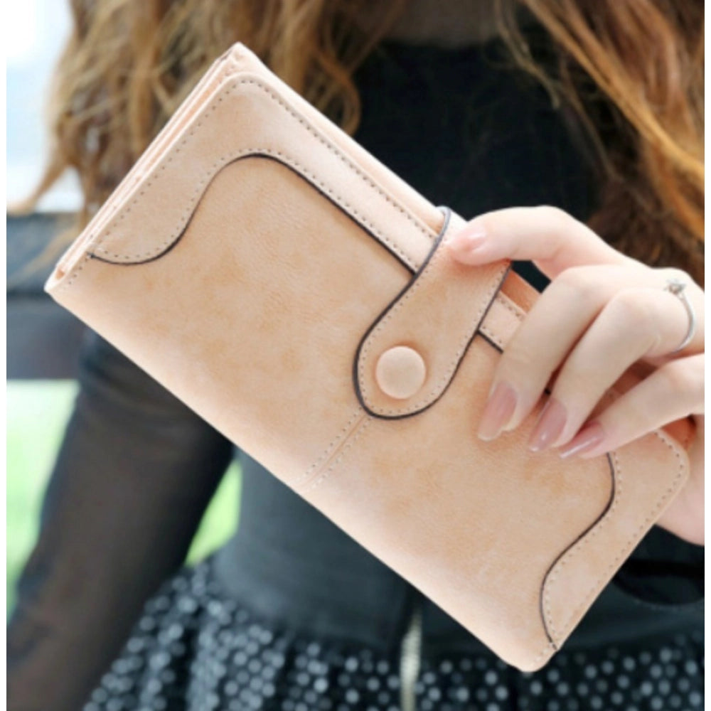 Faux Leather Medium Snap Button Wallet (Khakhi)